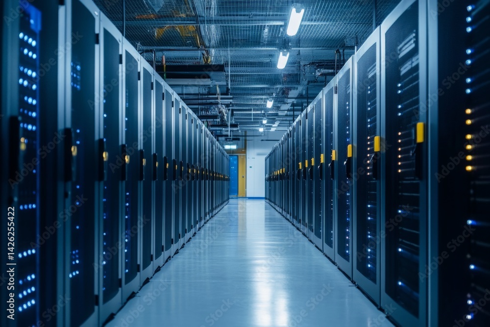 Aufkleber data center corridor illuminated by led lights with rows of server cabinets lined up on both sides