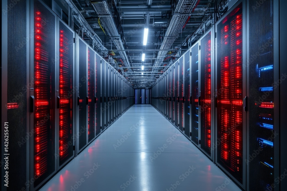 Poster Technology infrastructure in a modern data center showcasing server racks with illuminated indicators