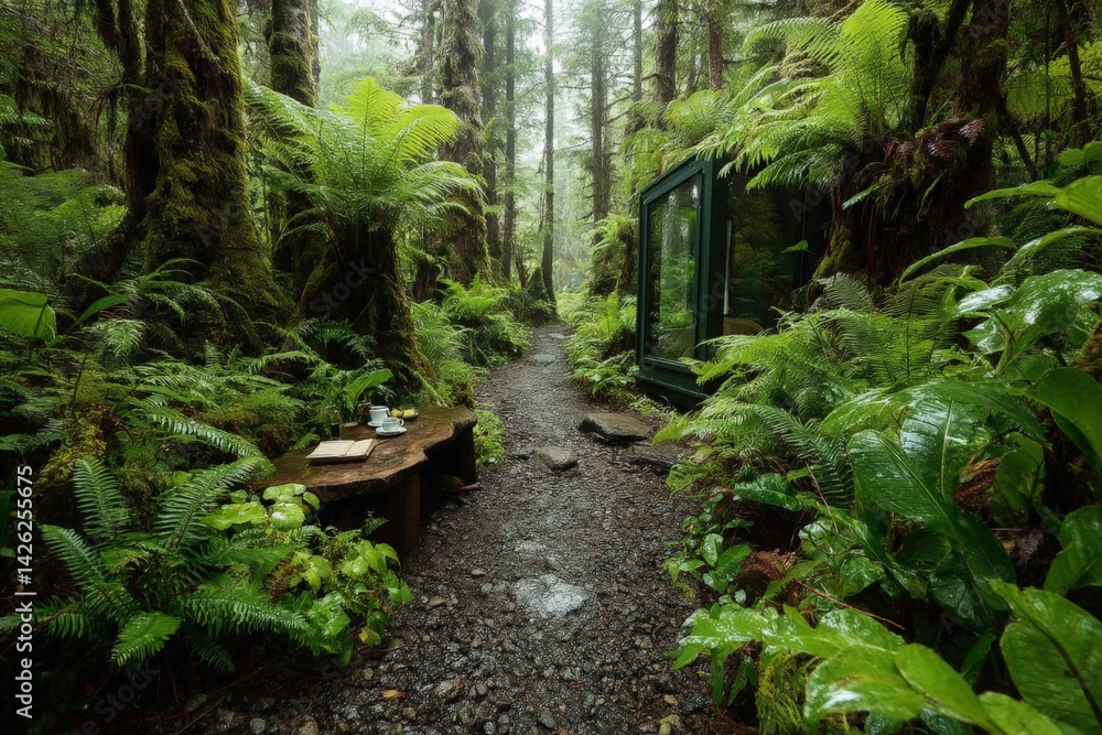 Poster explore a serene forest path leading to a modern glass cabin surrounded by lush greenery and vibrant