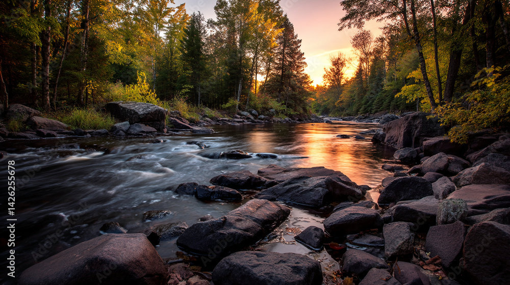 Poster serene sunset over a flowing river, surrounded by autumnal trees and dark rocks, creating a peaceful