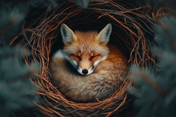 Obraz premium Close-up of a tiny fox curled up inside a hollow thistle with glowing vines above sleepy and serene