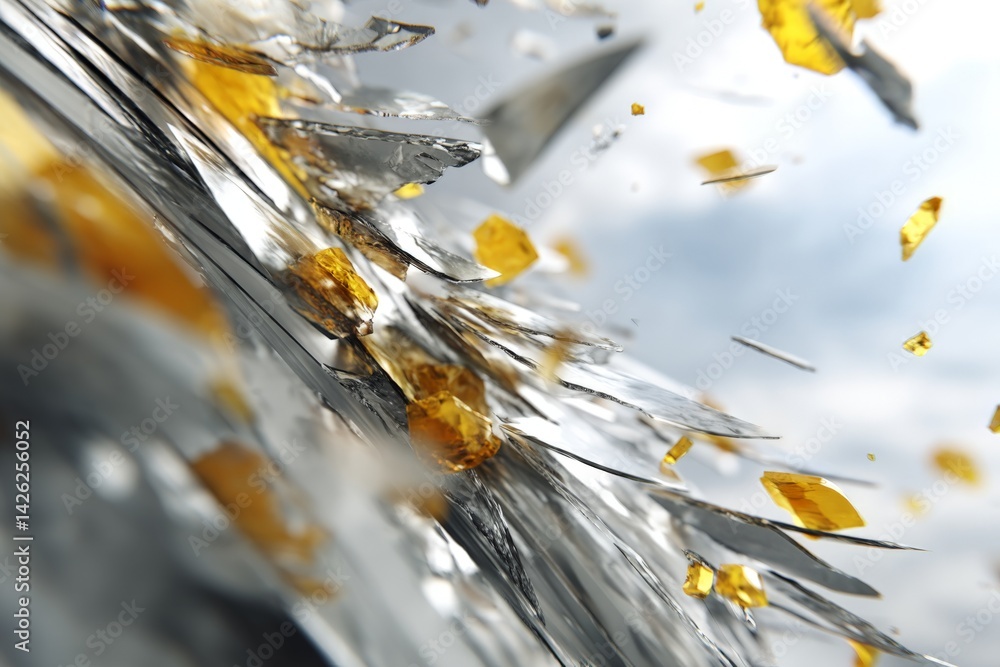 Poster Bright golden shards mix with reflective silver fragments in a dynamic abstract composition