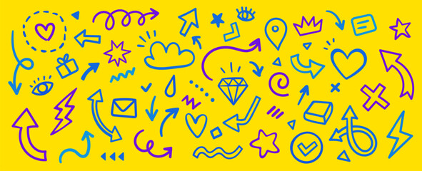 Vector cartoon abstract illustration of collection of marker stroke element and icon on color background. Flat hand drawn doodle style design of set of simple different line shape and arrow brush