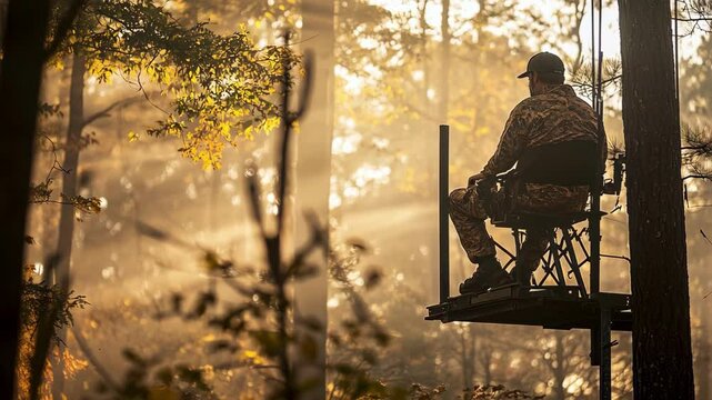A hunter in camouflage, seated in a tree stand during golden hour.