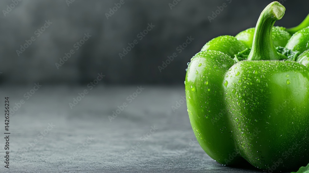 Poster close-up view of a fresh green bell pepper adorned with dewdrops, glowing softly under natural light