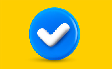 Vector realistic illustration. 3d cartoon style design of checklist tick, done check mark. Blue color circle with tick on yellow background. Business checkmark icon. Symbol of correct and right choose © wowomnom