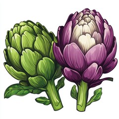 Two vibrant artichokes, one green and one purple, display a detailed botanical illustration