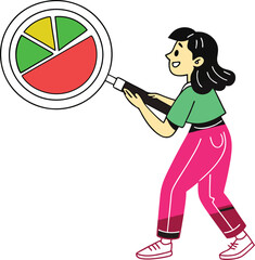 Girl Analyzing Pie Chart with Magnifying Glass – Flat Vector Illustration