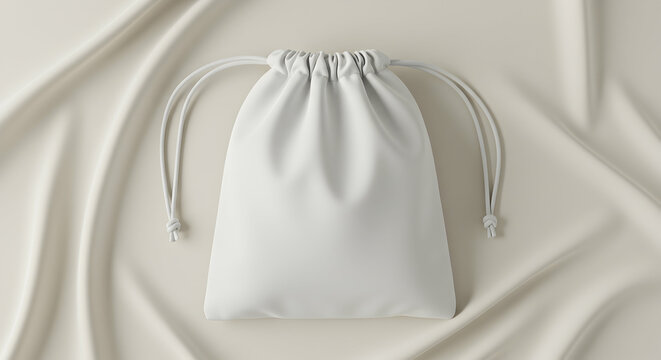 Blank White Drawstring Pouch Bag Mockup on Soft White Silk Cloth Elegant Background 3D Rendering Small Storage