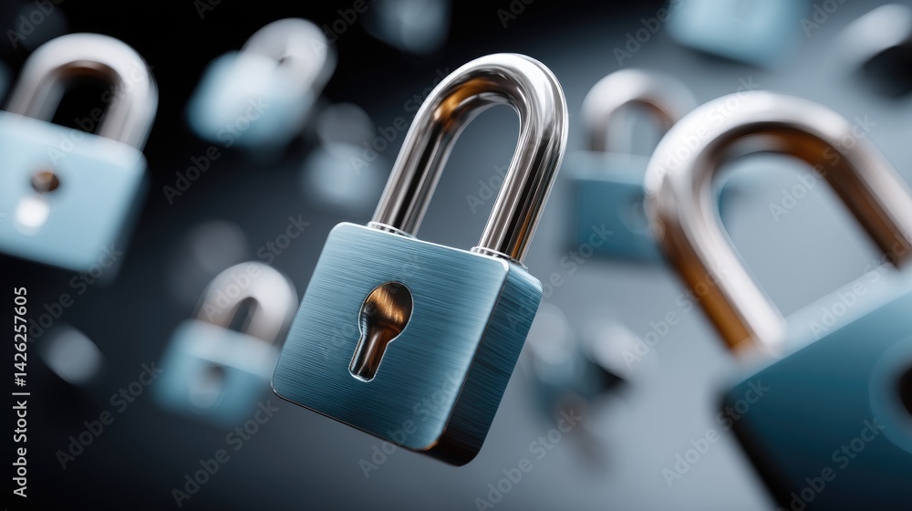 Poster blue background features padlock icons and binary code, highlighting the importance of data protecti
