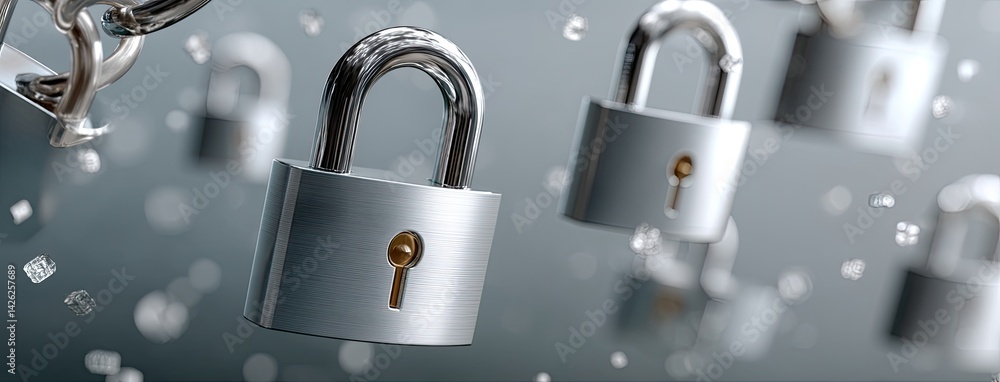 Poster multiple padlock icons in blue highlight themes of cyber protection and data security against an abs