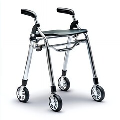 Modern Chrome and Black Four Wheeled Walking Aid with Seat