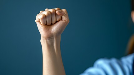 Strong Female Hand Raised Fist Power Gesture Teal Background Woman Empowerment Symbol Feminism Rights Protest Demonstration Activism Solidarity Support Courage Determination Belief Hope Strength      