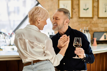 Mature couple shares a romantic evening at a cozy bar in a charming city