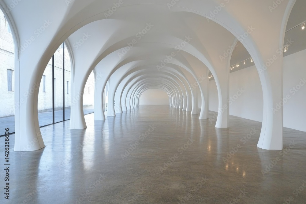 Poster modern architectural design with curved arches in a spacious gallery setting during daylight hours