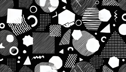 Black and White Geometric Pattern Vibrant Hipster Memphis Style Amidst a Seamless Monochrome Maze, Showcasing Complex Geometries and Contrasting Textures with a RetroFuturistic Aura
