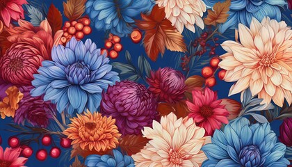 Vibrant Autumn Flower Tableau Seamless Floral Pattern Featuring Dahlias, Chrysanthemums, Asters, Zinnias, and Dogwood Berries in a Spectacular Autumnal Display, Showcasing Rich Colors and