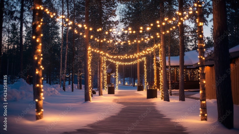 Poster a tranquil winter pathway is illuminated by gentle lights, flanked by snow-laden trees, creating a c