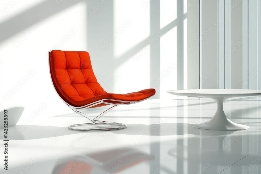 Poster Modern design showcases a bright red chair with a sleek base in a minimalistic room flooded with natural light