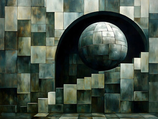 A geometric artwork with a sphere over a set of stairs all formed from rectangular mosaic tiles