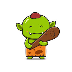 Cute goblin holding cudgel cartoon icon illustration