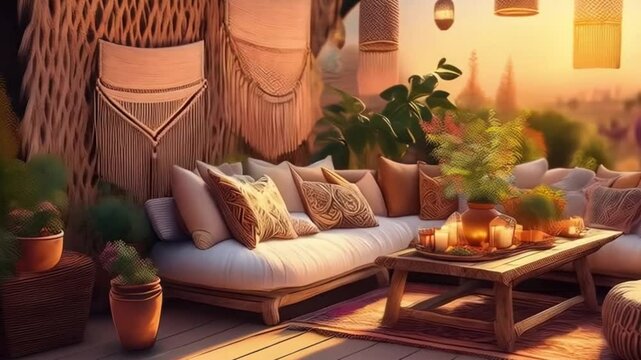 Boho Outdoor Lounge bei Sonnenuntergang