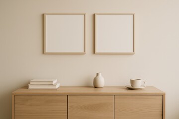 Minimalist Home Decor: Beige Wooden Cabinet with Blank Frames, Books, and Coffee Cup