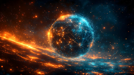 Obraz premium Abstract art shows network globe floating in cosmic space half orange half blue lights