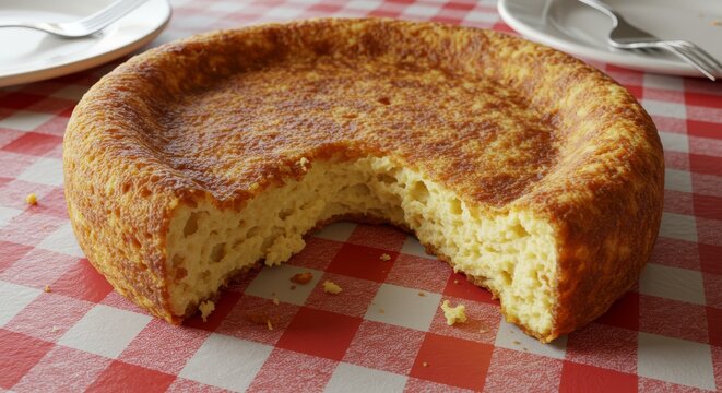 Delicious Quesada Pasiega on Checkered Table - A partially eaten Quesada Pasiega rests on a red and white checkered tablecloth. The warm colors and rustic setting evoke feelings of home, comfort