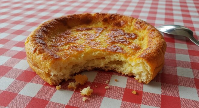 Delicious Quesada Pasiega on Checkered Table - A tempting piece of Quesada Pasiega, a traditional Cantabrian cheese cake, is shown on a red and white checkered tablecloth, a bite taken