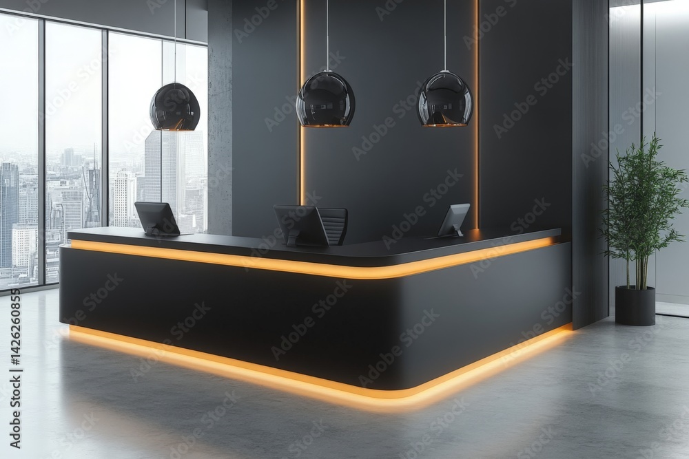 Poster modern office reception area with sleek design and city view during daytime