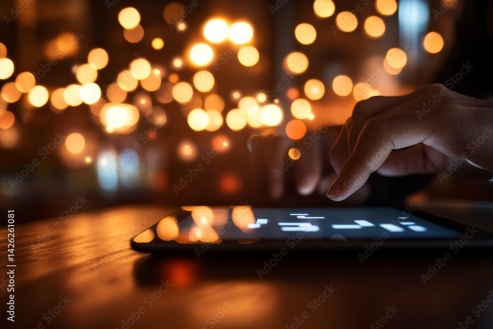 Poster a professional points at a digital tablet showcasing data in a dark conference room, with soft glowi