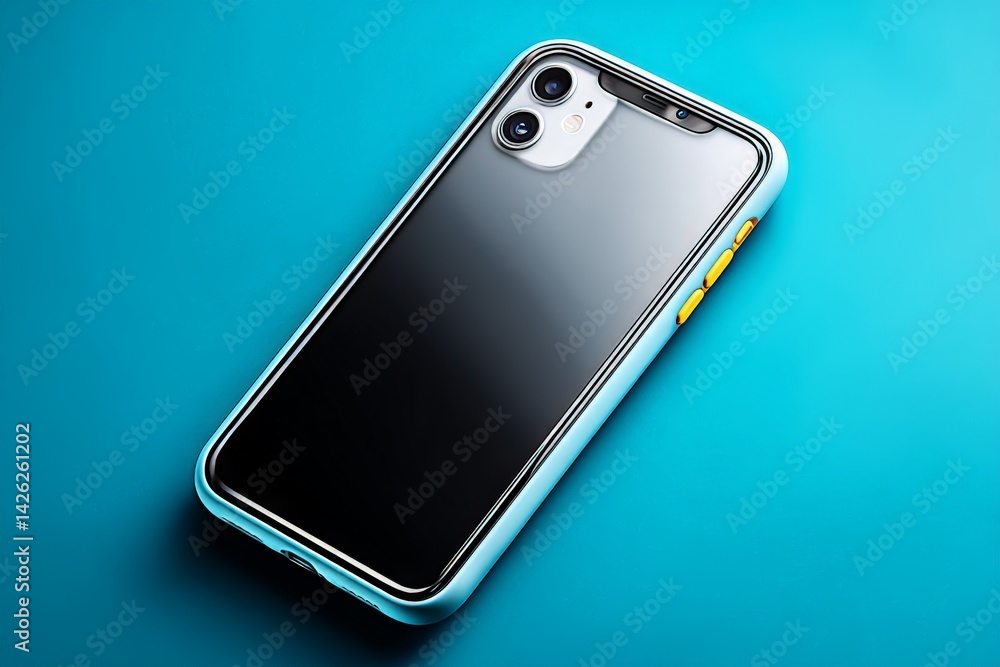 Poster high-quality smartphone with a sleek design placed on a bright blue background showcasing modern tec