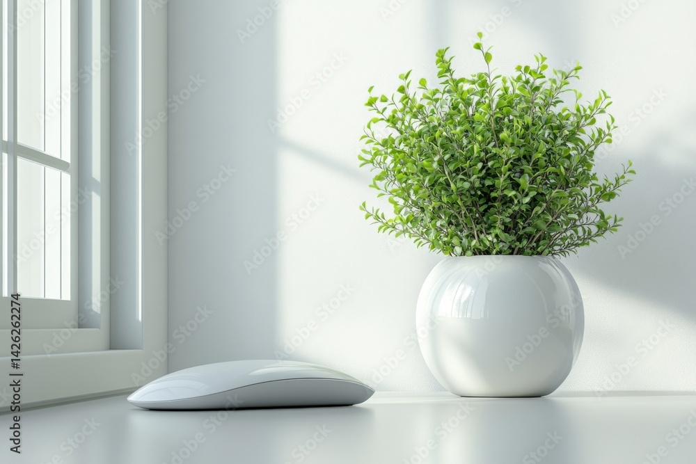 Aufkleber modern workspace featuring a stylish plant and a wireless mouse on a minimalist desk near a bright w