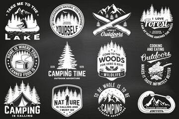 Set of logo, badge design with inspirational adventure quotes. Concept with oak leaf and acorns, pin forest, hiker, climber, matches stick, camping knives and mountain. Vector illustration.