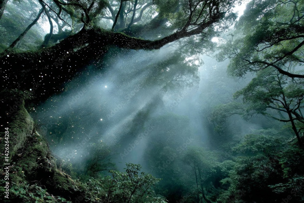 Poster Mysterious forest bathed in sunlight with floating particles in the air creating a magical atmosphere in the early morning