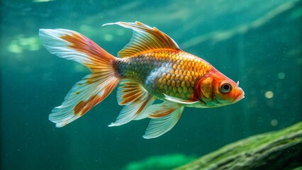 Naklejka premium A colorful, exotic goldfish gracefully swimming in a tank with a deep green background. The fins flow smoothly as the fish explores the water, with its shimmering scales catching light