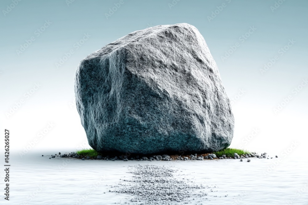 Poster Large gray rock stands alone on a white surface with patches of grass in a serene and minimalistic environment