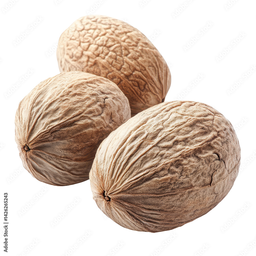 Poster nutmeg seeds displayed on a white background showcasing their unique textures and natural patterns i