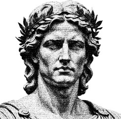 portrait of a roman emperor bust in halftone engraving style