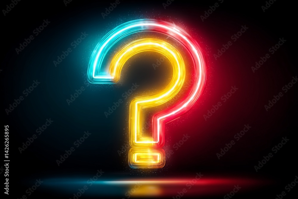 Poster vibrant neon question mark glows against a dark background, inviting curiosity and intrigue in a mod