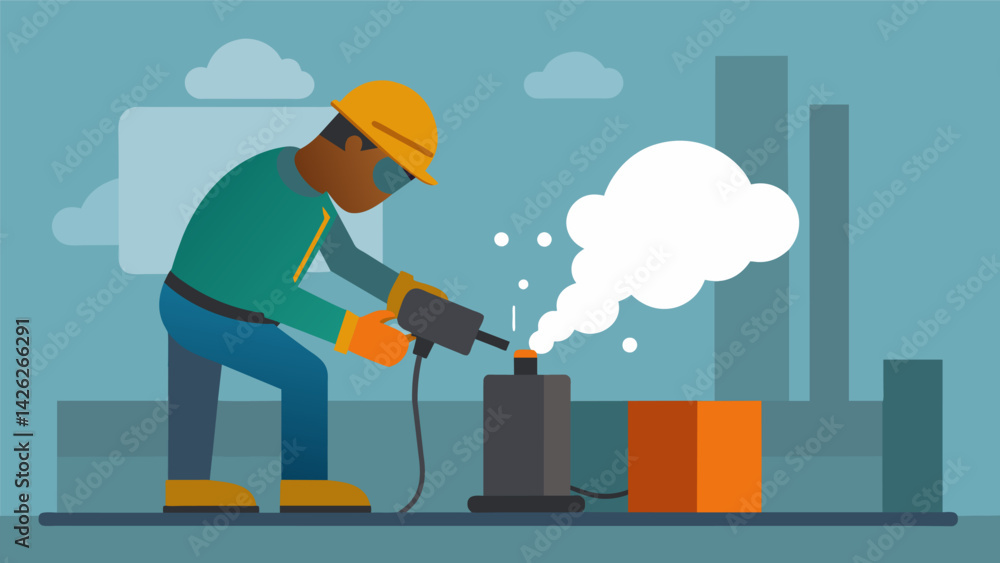 Poster in a cloud of smoke and sparks a construction worker uses a welding machine to fuse metal posts toge