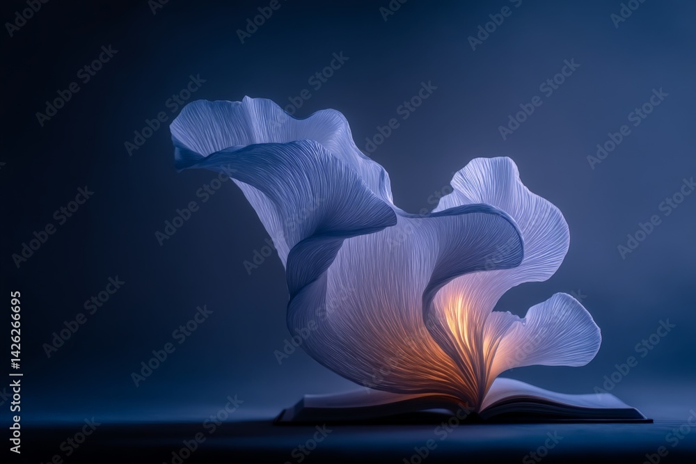 Poster Book transforms into a delicate flower, illuminated from within, creating an enchanting visual display in a serene setting