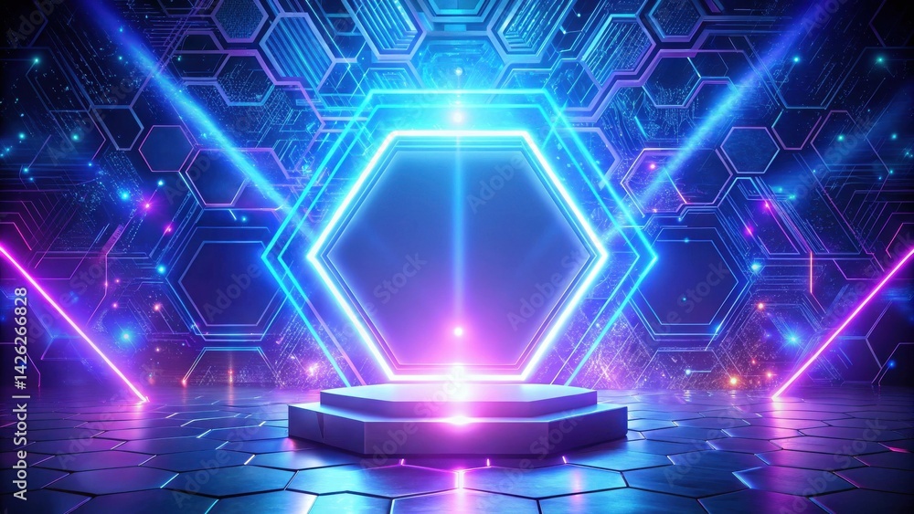 Poster Abstract Hexagonal Platform with Neon Lighting and Circuitry Design