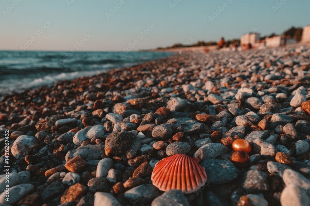 Aufkleber Beautiful seaside view with colorful shells and pebbles during sunset by the shore
