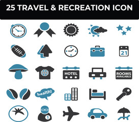 Twenty-five travel and recreation icons perfect for websites brochures and travel guides showcasing adventure tourism and leisure activities.