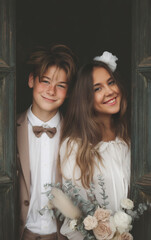 Happy teenagers standing in a doorway during confirmation ceremony, dressed in formal clothes and smiling brightly