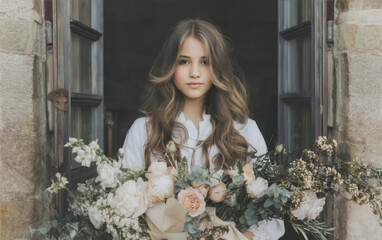 Teenage girl at confirmation ceremony holding large bouquet of flowers in elegant dress with soft lighting