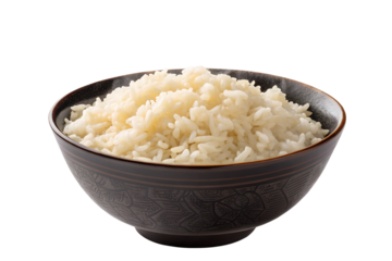 A ceramic bowl filled with fluffy, cooked white rice, isolated on a transparent background. Perfect for food packaging, restaurant menus, cooking blogs, or healthy diet concepts.