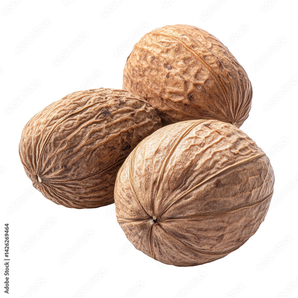 Poster unique brown nuts with hard shells displayed on a white background